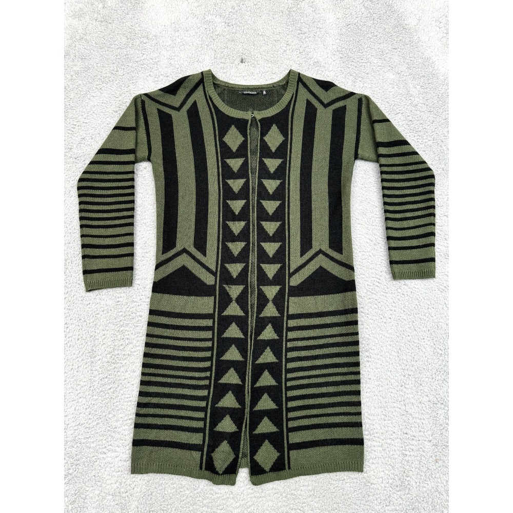 Hannah Cardigan Boho Sweater Womens Medium Green Black Geo Print Bohochic Earthy